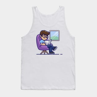 Man Reading Newspaper On Sofa Cartoon Tank Top